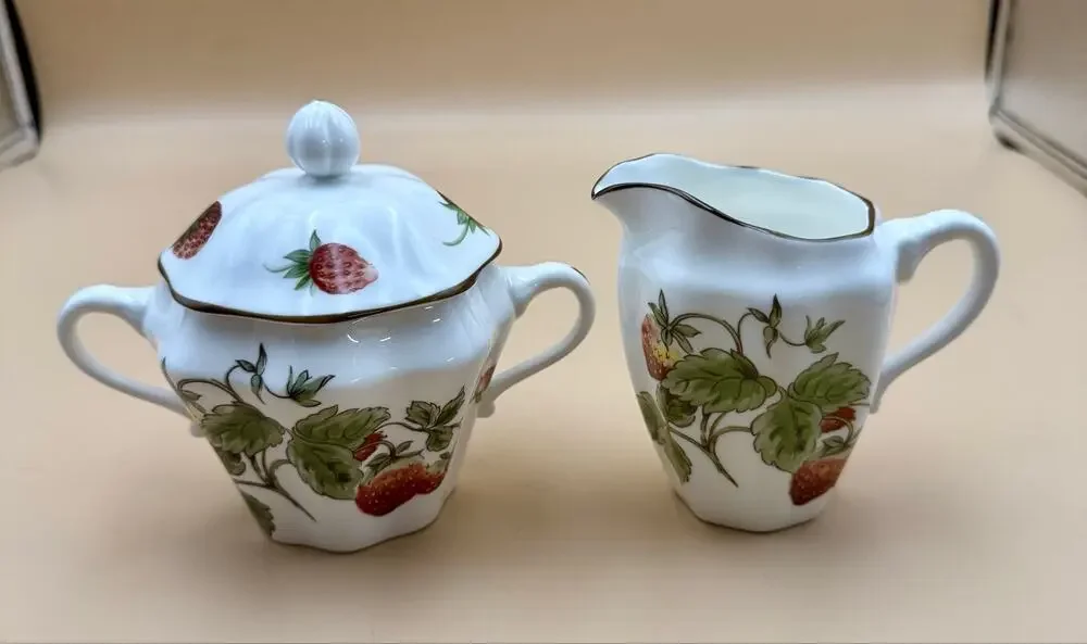 Coalport Strawberry Creamer & Covered Sugar Bowl Set Bone China England